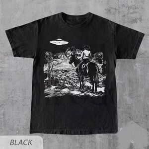 Ufo Western Shirt Retro T-Shirt Retro Cowboy TShirt Rodeo T Shirt Black
